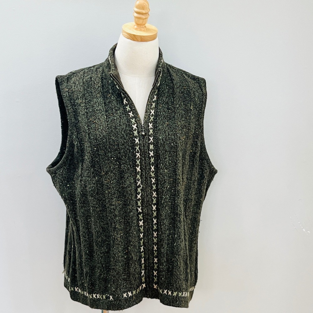 Woolrich Womens XL Dark Loden Heather Full Zip Embroidered Sweater Vest 23066